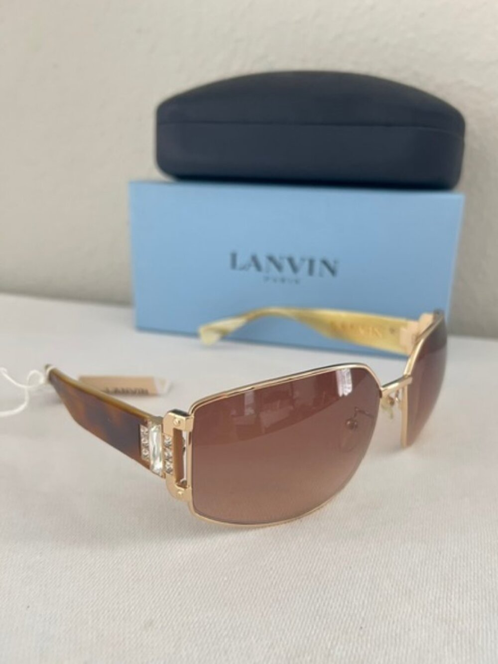LANVIN SLN020S Rose Gold Brown Horn Bold Jewel Crystal Sunglasses SLN 020